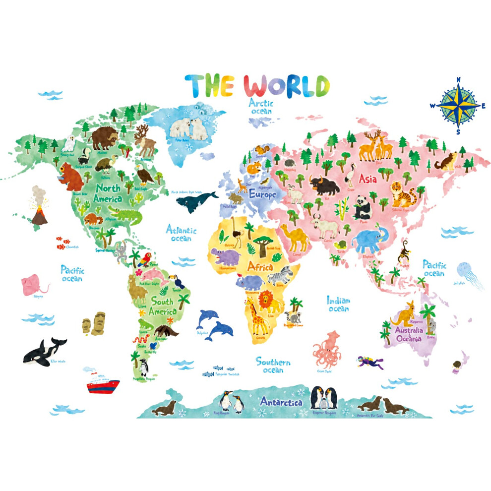BS-1615S Animal World Map (Large) Kids Wall Stickers Decals Peel and Stick Removable for Nursery Bedroom Living Room art murals decorations