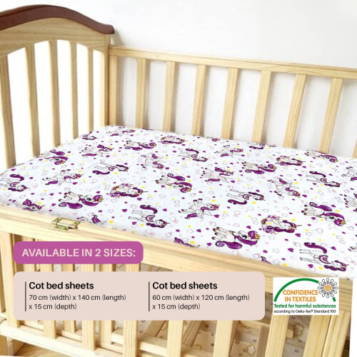 2 Pack Cot Bed Fitted Sheets Easy Care Soft and Dureable, Unicorn - 60 x 120 cm 2