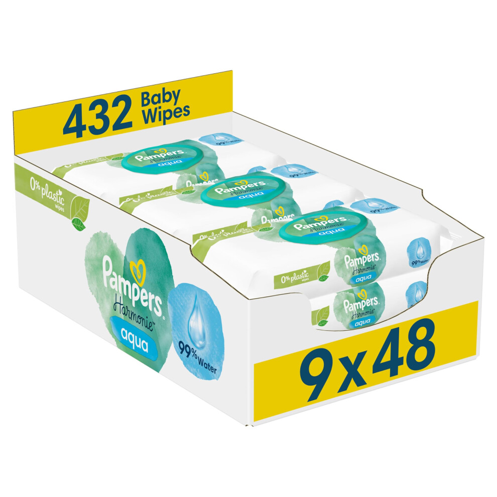 Photos - Baby Hygiene Pampers Harmonie Aqua Baby Wipes Plastic Free 9 Packs, 432 Baby Wet Wipes, Help restore natural skin pH, with 99 Water 