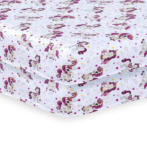 2 Pack Cot Bed Fitted Sheets Easy Care Soft and Dureable, Unicorn - 60 x 120 cm
