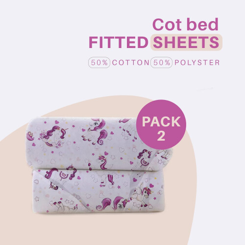 2 Pack Cot Bed Fitted Sheets Easy Care Soft and Dureable, Unicorn - 60 x 120 cm 1