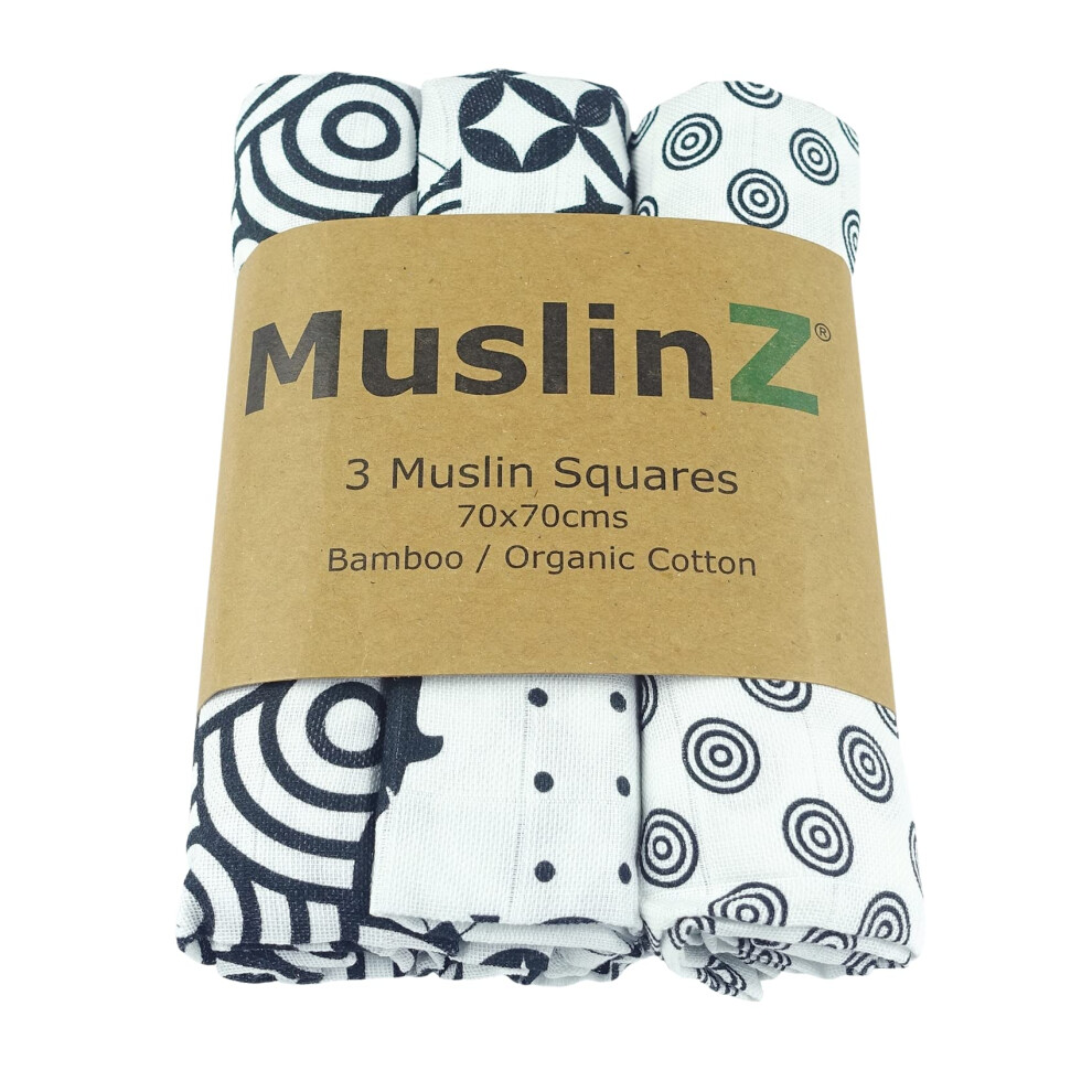 Newborn Sensory Muslin Squares In And For Visual Stimulation And Sensory Play. Baby Muslin Bamboo/Organic Cotton Mix. (Sensory, 70X70cms) Black/White Muslinz