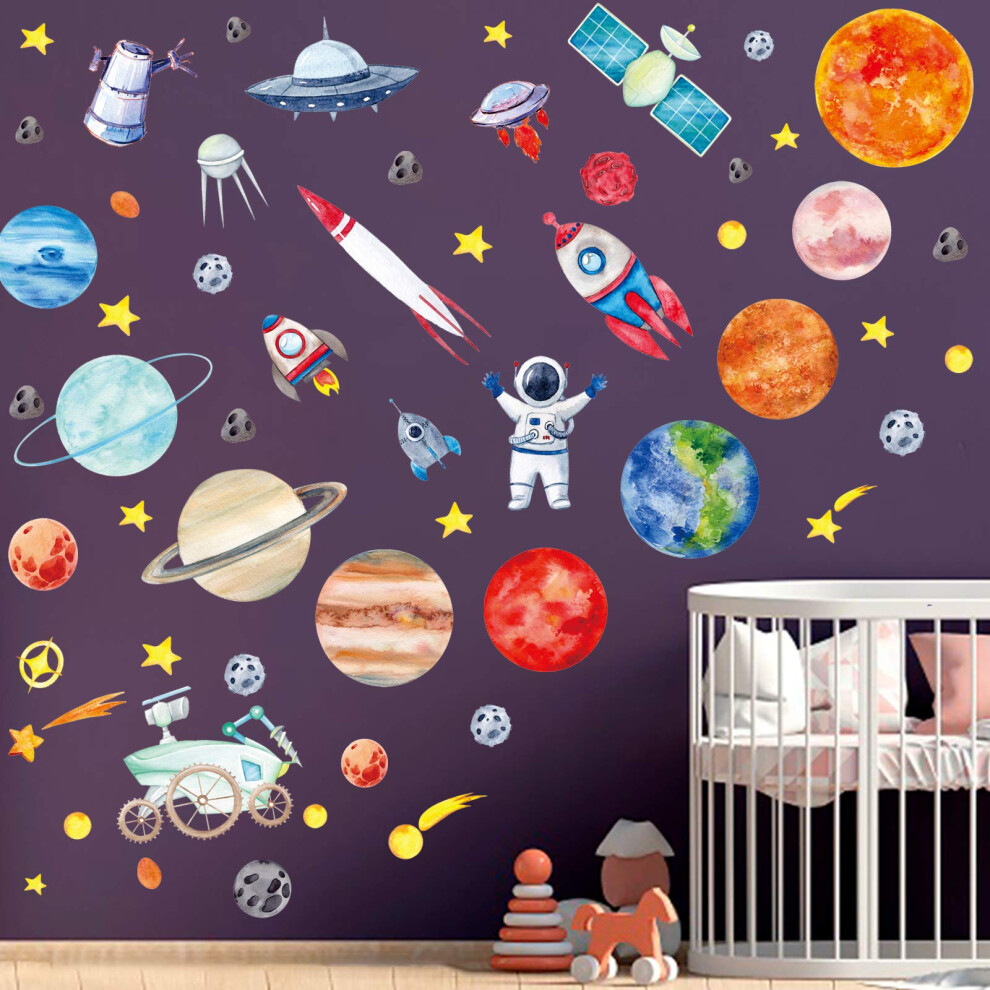 7 Sheets Outer Space Wall Stickers For Bedroom For Boys, Solar System Planets Wall Stickers Kids Wall Decals Astronaut Rocket Spacecraft Wall Stickers Desert Camel
