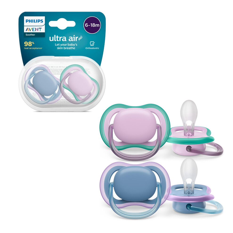 Avent Ultra Air Pacifier, Light Breathable Pacifiers for Babies Aged 6-18 Months, BPA Free, with Sterilizer Carry Case, 2 Pack, Model SCF085/34