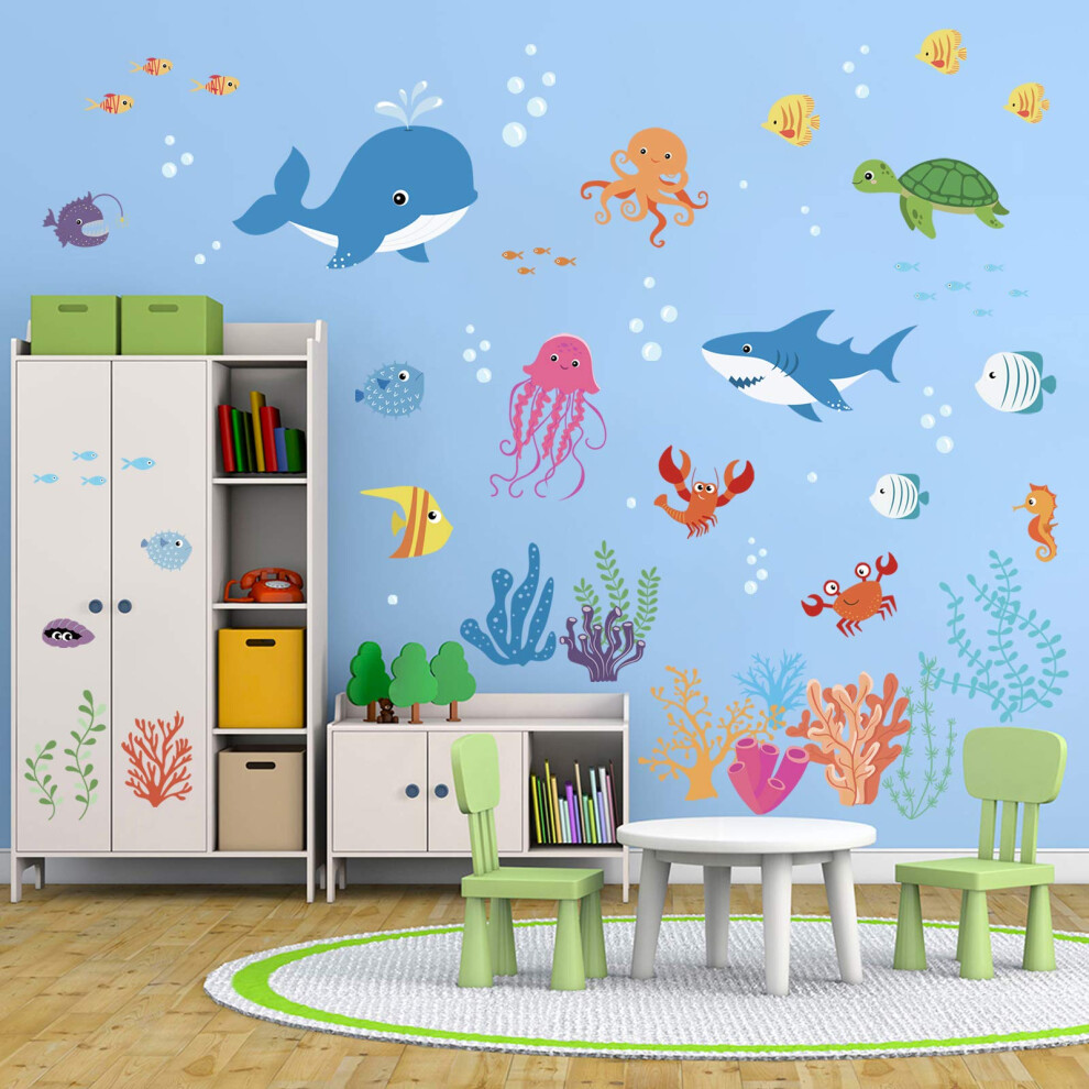 Under The Sea Dolphin Fish Wall Stickers Kids Room Wall Decor Vinyl Peel And Stick Wall Decals For Baby Nursery Childrens Bedroom Bathroom Decoration Decalmile