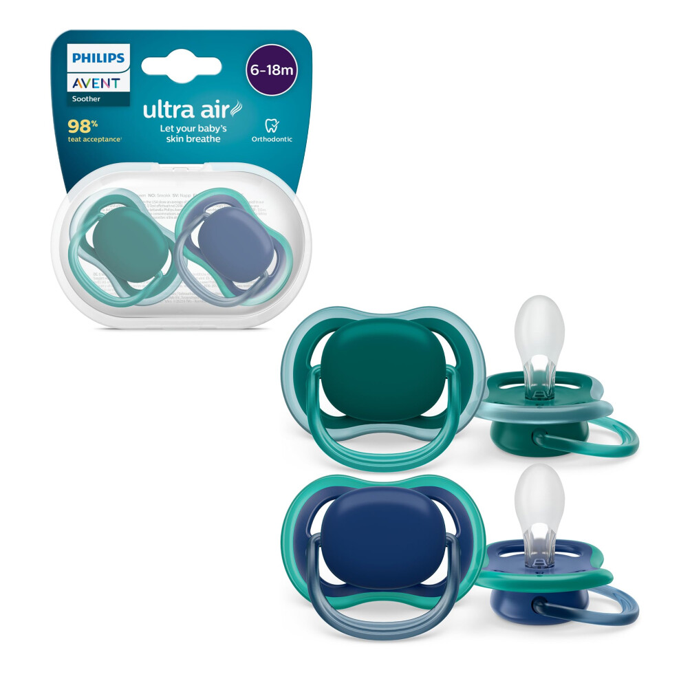 Avent Ultra Air Pacifiers, Light Breathable Pacifiers for Babies Aged 6-18 Months, BPA Free, with Sterilizer Carry Case, 2 Pack, Model SCF085/31