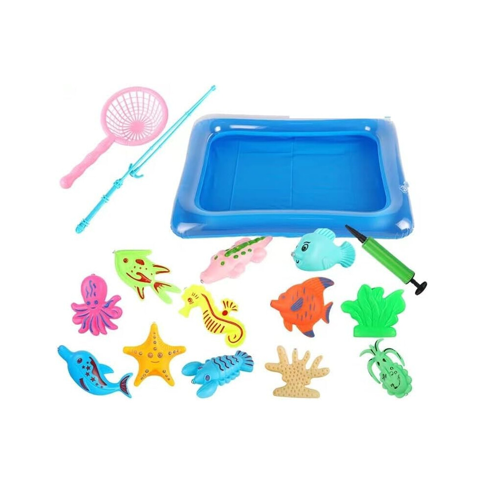 Magnetic Fishing Toys, 16 Pcs Kids Fishing Game Set with Rod Pool and Net, Outdoor Plastic Floating Fish Bathtime Pool Toy for 3 4 5 6 Year Old