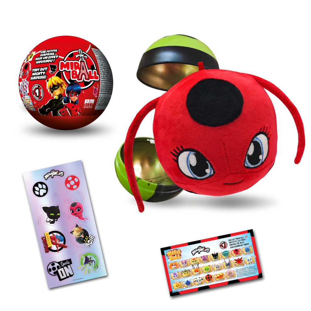 Ladybug, 4-1 Capsule Collectible Toy, Surprise Miraball with expanding Plush Kwami, Collectible Character Metal Case, Glittery Stickers & hanging