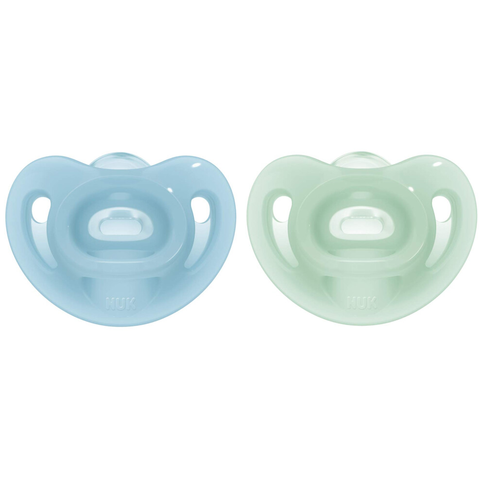 Sensitive Pacifiers, 0-6 Months, 100% Silicone for Delicate Skin, BPA Free, Blue & Green, Pack of 2