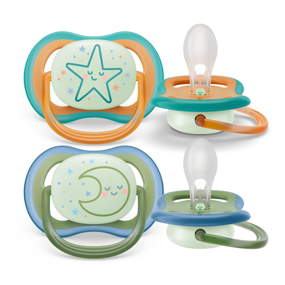 SCF376/23 Avent Ultra Air Night-time Soothers, Light, Breathable Soothers for Babies Aged 18 Months Plus, BPA-Free, with Glow-in-The-Dark Button, 2