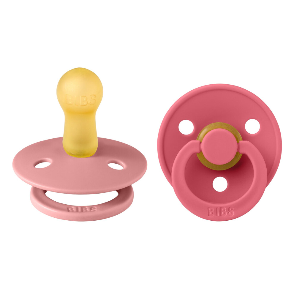 Bibs Colour Soother 2-Pack, Bpa Free Dummy Pacifier, Round Nipple. Natural Rubber Latex, Made In Denmark, Size 2 (6-18 Months), Dusty Pink/Cora