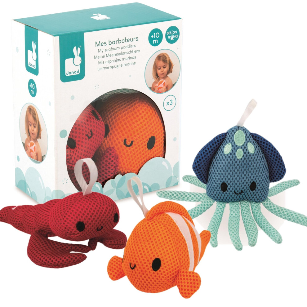 3 Children's Plush Toys-Learn to Wash-Fabric Lobster, Clownfish and Octopus-Bath Toys-10 Months +, J04731, Multicolor