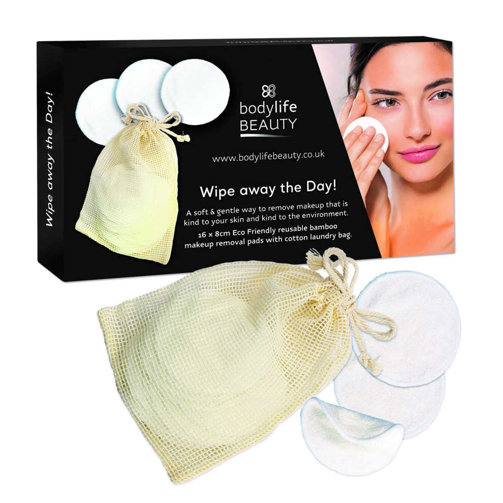 Bodylife Beauty Reusable Bamboo Makeup Removal Pads Washable 16 Piece Eco Friendly With Cotton Wash Bag