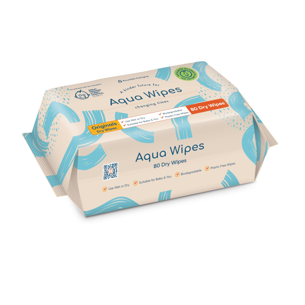 Aqua Wipes Originals Dry Wipes – Biodegradable, Plastic Free Dry Wipes Suitable For Baby And You – Textured Wipe For Effective Cleansing. Use Wet Or Dry - 80