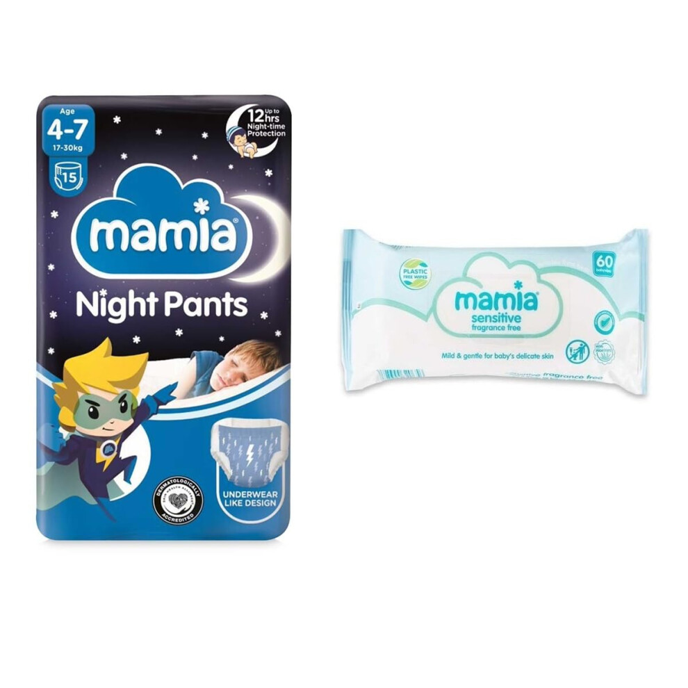 Mamia Night Pants Age 4-7 15 Pack (Blue) + 60 Fragrance Free Baby Wipes Blue Aldi