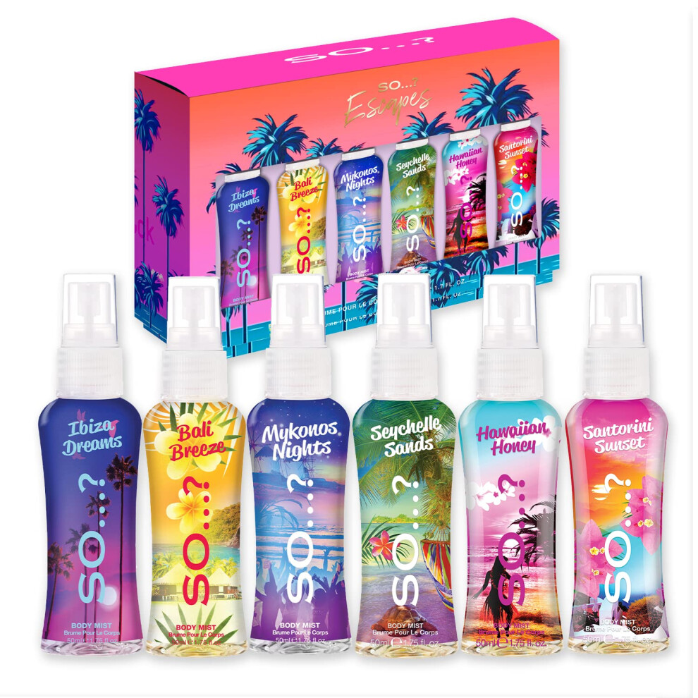 Escapes Grande Womens Gift Set with Ibiza Dreams, Bali Breeze, Mykonos Nights, Santorini, Seychelle Sands, Hawaiian Honey, Body Mist Fragrance Spray