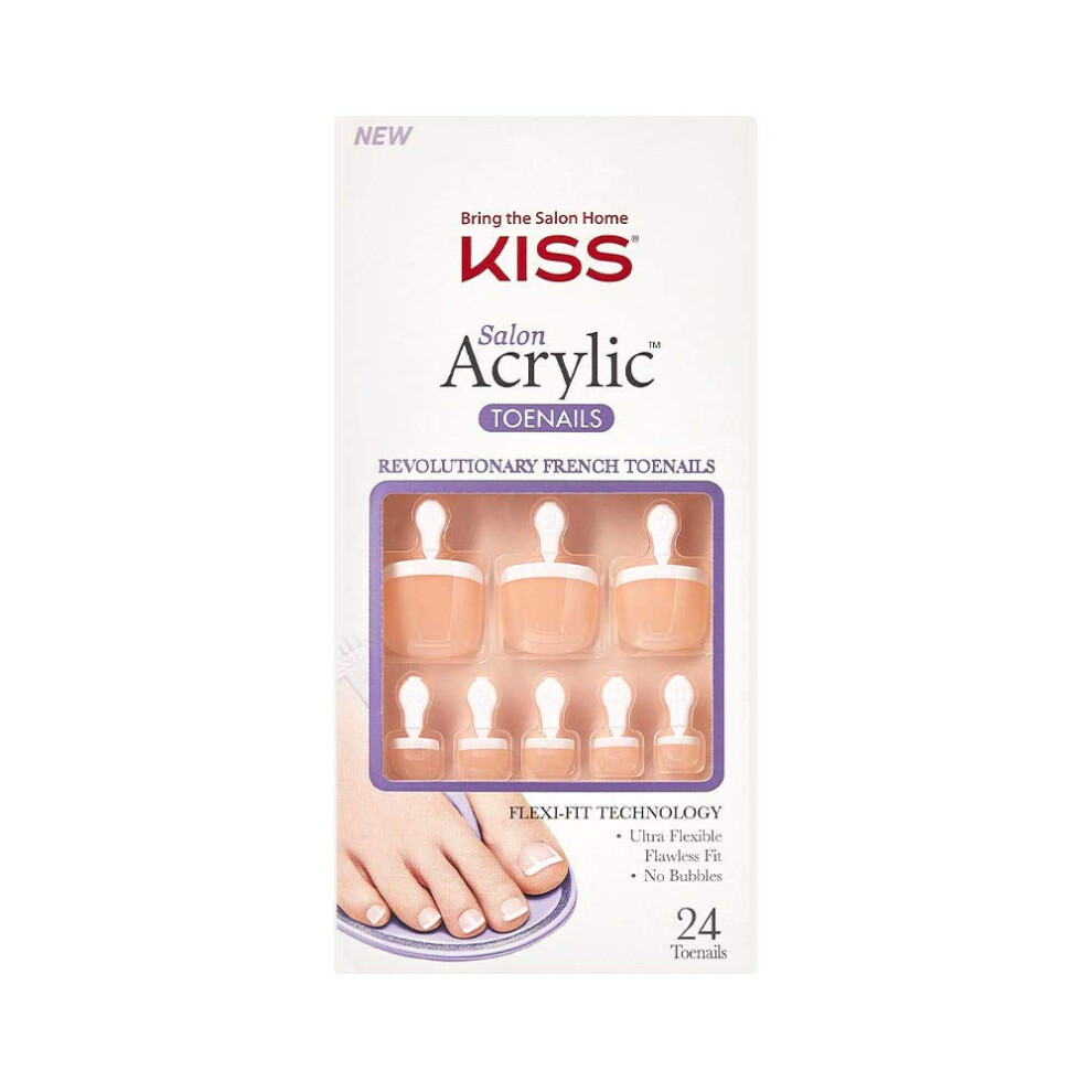 KISS Salon Acrylic French Press On Toenails  'Walk Away'  White Tips  Short Length  Square Shape  Includes 24 Fake Nails  2g Pink Gel Nail Glue