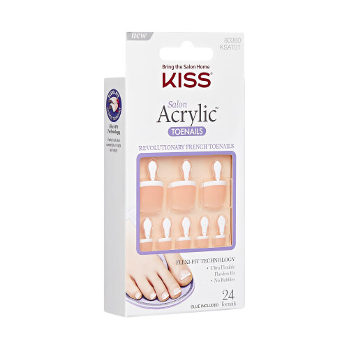 KISS Salon Acrylic French Press On Toenails  'Walk Away'  White Tips  Short Length  Square Shape  Includes 24 Fake Nails  2g Pink Gel Nail Glue 1