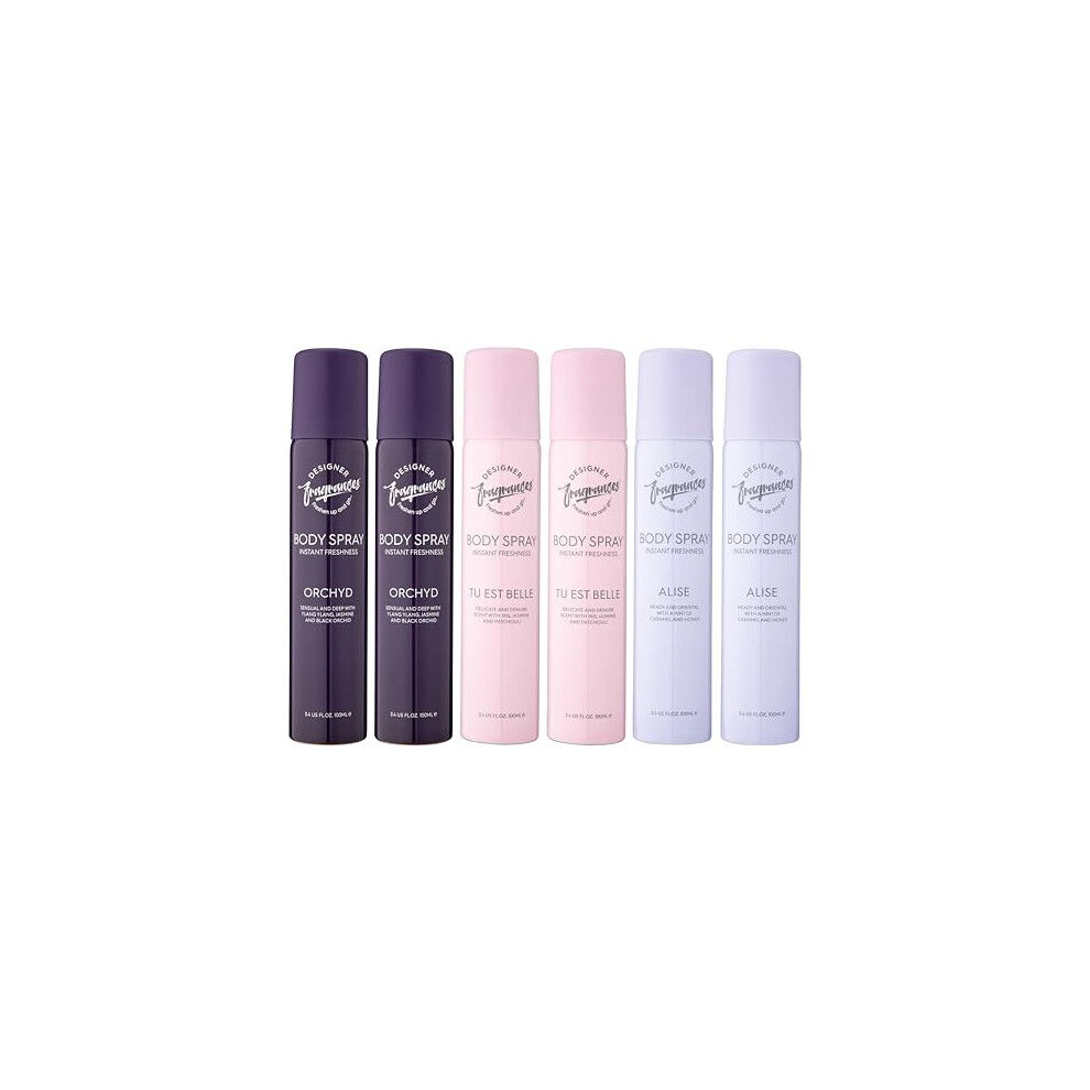 Designer Fragrances Women's 6 Pack Assorted Aromas Bundle - Tu Est Belle, Orchyd, Alise - Body Spray Deodorant Cans - For Instant Freshness On The Go - Long Lasting Smell