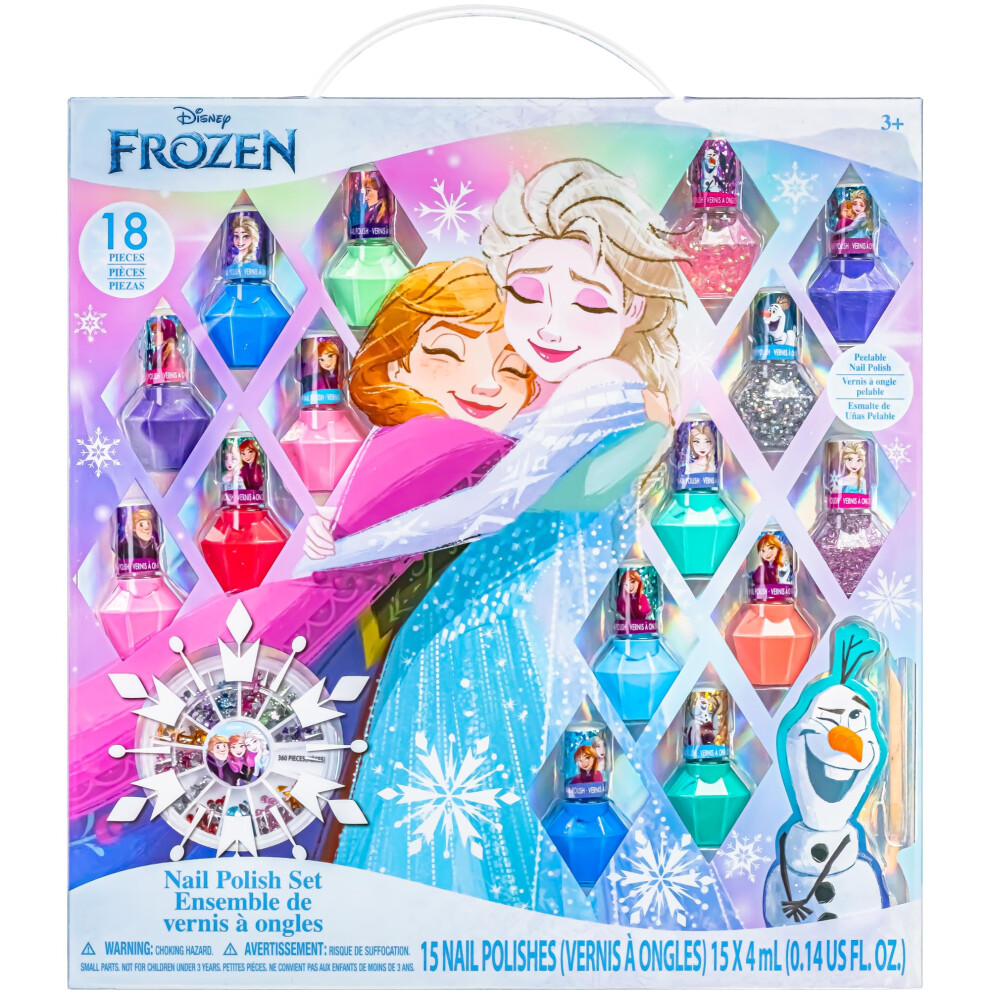 Disney Frozen 15 pcs Non Toxic Nail Polish Set for Kids with Nail File & Nail Gems | Peelable Nail Varnish Kit | Gifts for Ages 3+ by Townley Girl