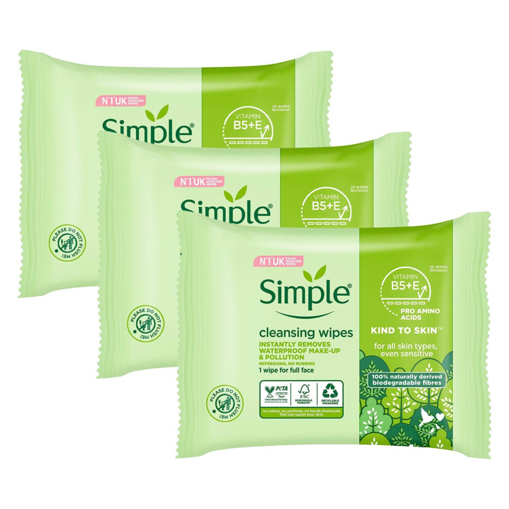 Simple Kind To Skin Cleansing Wipes Bio-Degradable, 25 Wipes (Pack Of 3)