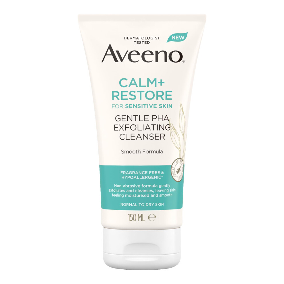 Aveeno Face Calm+Restore Gentle Pha Exfoliating Cleanser 150Ml Hydrating Pha With Oat Oil For Sensitive Skin Daily Gentle Exfoliation