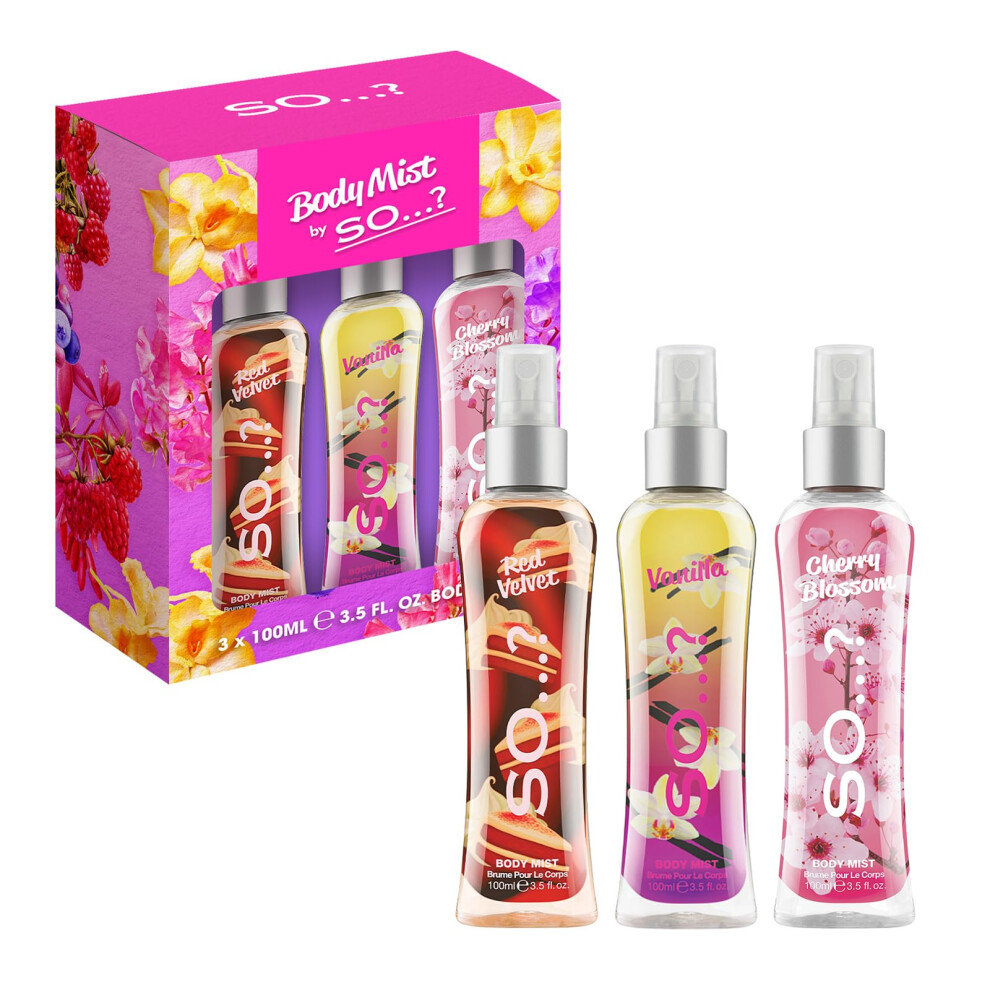 Body Mist By So…? Luscious Trio Womens Body Mist Gift Set, with Red Velvet, Vanilla, & Cherry Blossom, Fragrance Spray Set (3x100ml)