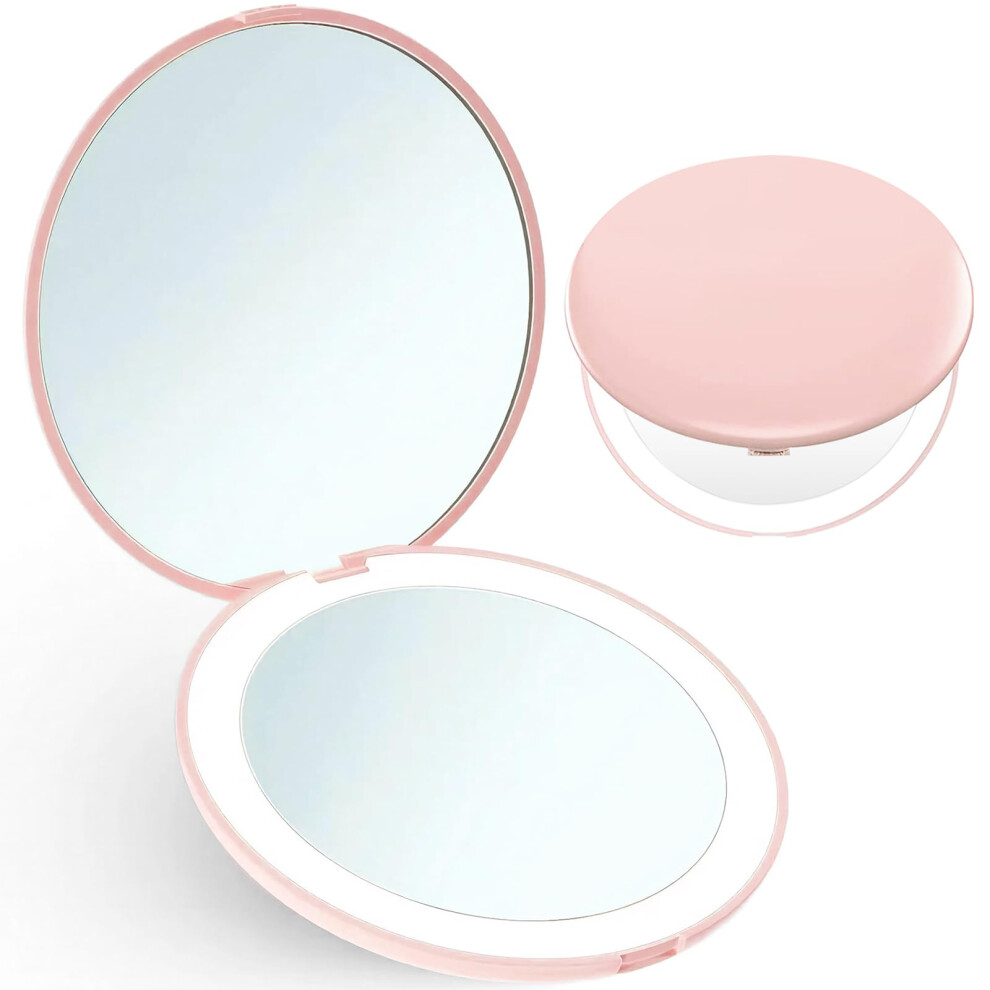Giazee Compact Mirror, 1X/10X Magnifying Mirror With Light Small Travel Makeup Mirror Portable Led Pocket Mirror For Handbag Purse (Pink)