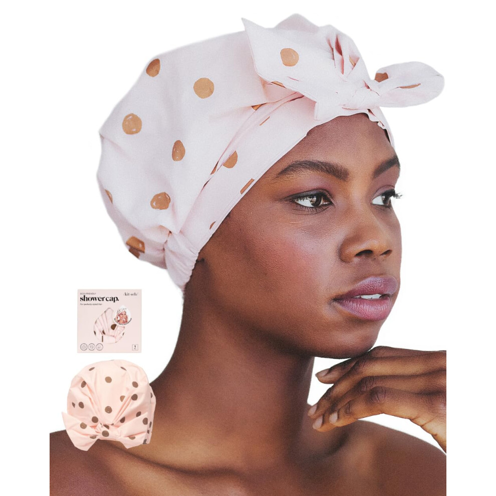 Kitsch Luxury Reusable Shower Cap For Women - Waterproof And Fashionable For Long And Curly Hair - Adjustable Elastic Band Bonnet (Blush Dot)