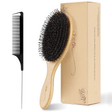 Boar Bristle Hair Brush Natural Bamboo Paddle Hairbrush with Tail Comb for Long Thick Curly Wavy Dry or Damaged Hair Round Hair Brush Adds Shine and