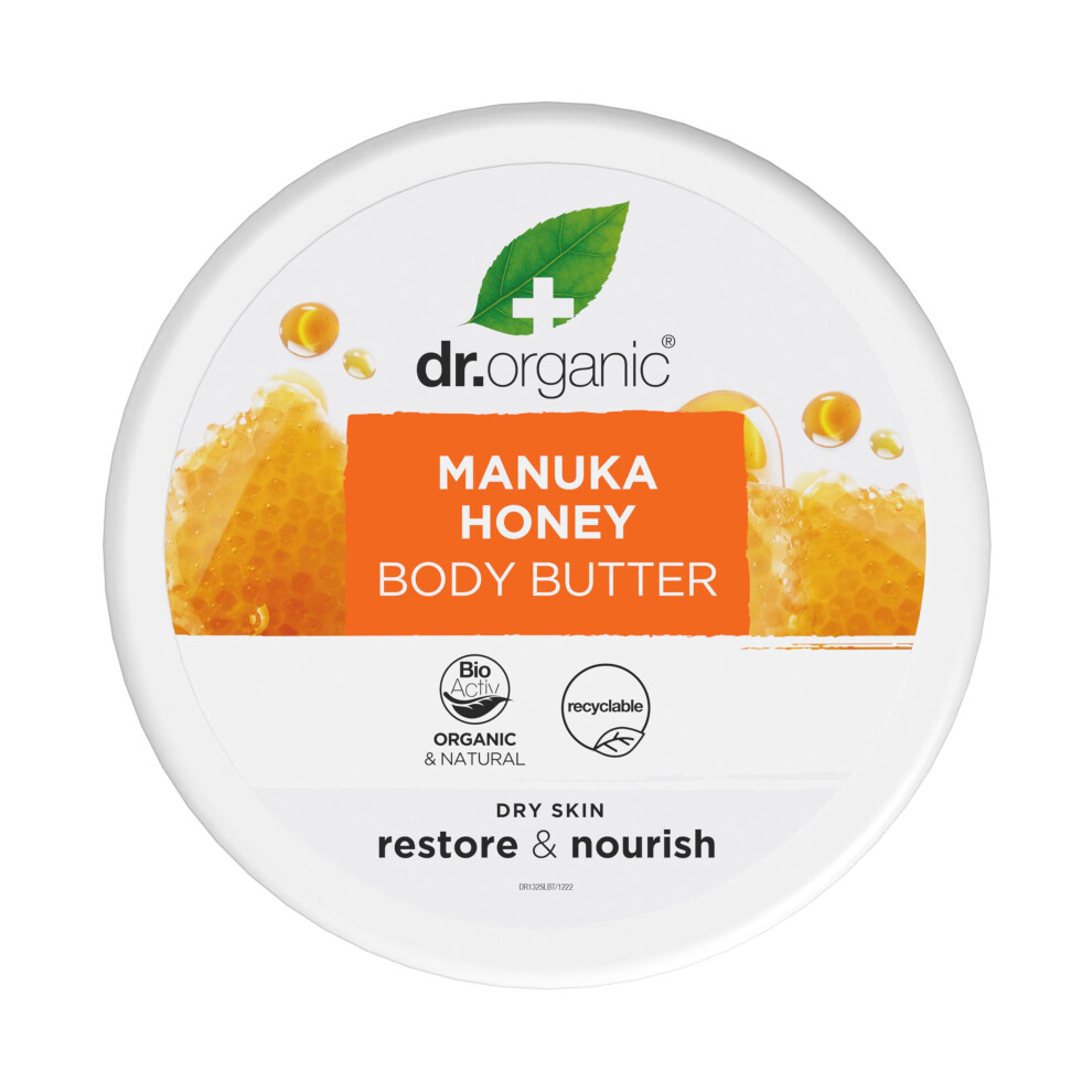 Dr Organic Manuka Honey Body Butter, Moisturising, Dry Skin, Mens, Womens, Natural, Vegetarian, Cruelty-Free, Paraben & Sls-Free, Organic, 200Ml