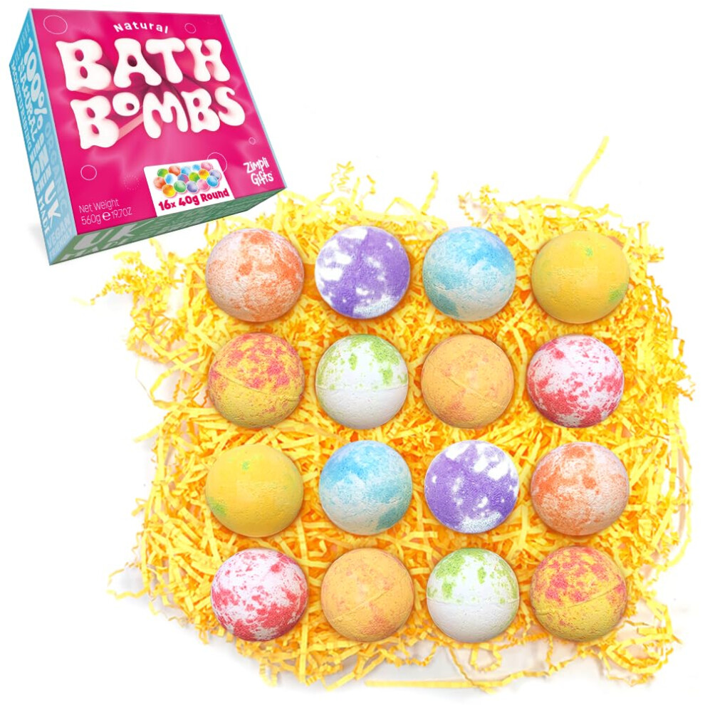 16 x Bath Bombs Gift Set for Women from Zimpli Gifts, Handmade Luxury Fizzing Bath Fizzers for Her, Relaxing Beauty Kit, Birthday, Christmas, Xmas
