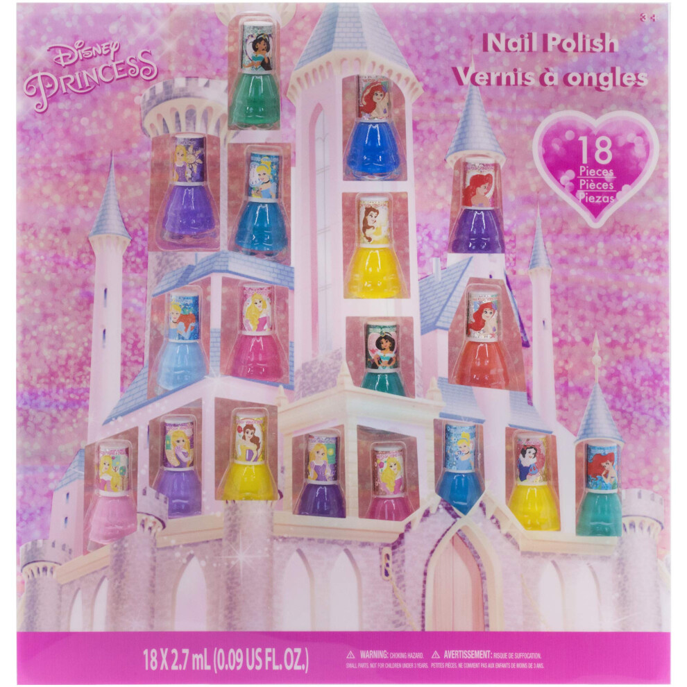 Townley Girl Disney Princess 18 Pcs Non Toxic Castlebox Nail Polish Set For Kids | Peelable Nail Varnish Kit For Girls | Birthday Gifts For Ages 3+ By