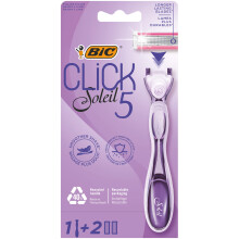 BIC Click 5 Soleil Refillable Women's Razor 503715 - 40% Recycled Handle with Rubber Grip, 2 x 3-Blade Refills, Purple