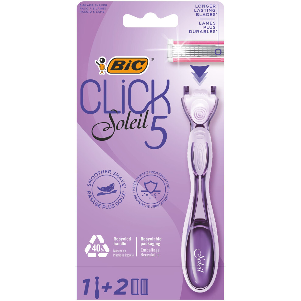 Click 5 Soleil Refillable Women's Razor, 40% Recycled Plastic Handle with Rubber Grip, 2 x 3-Blade Refills - Box of 1+2, Purple