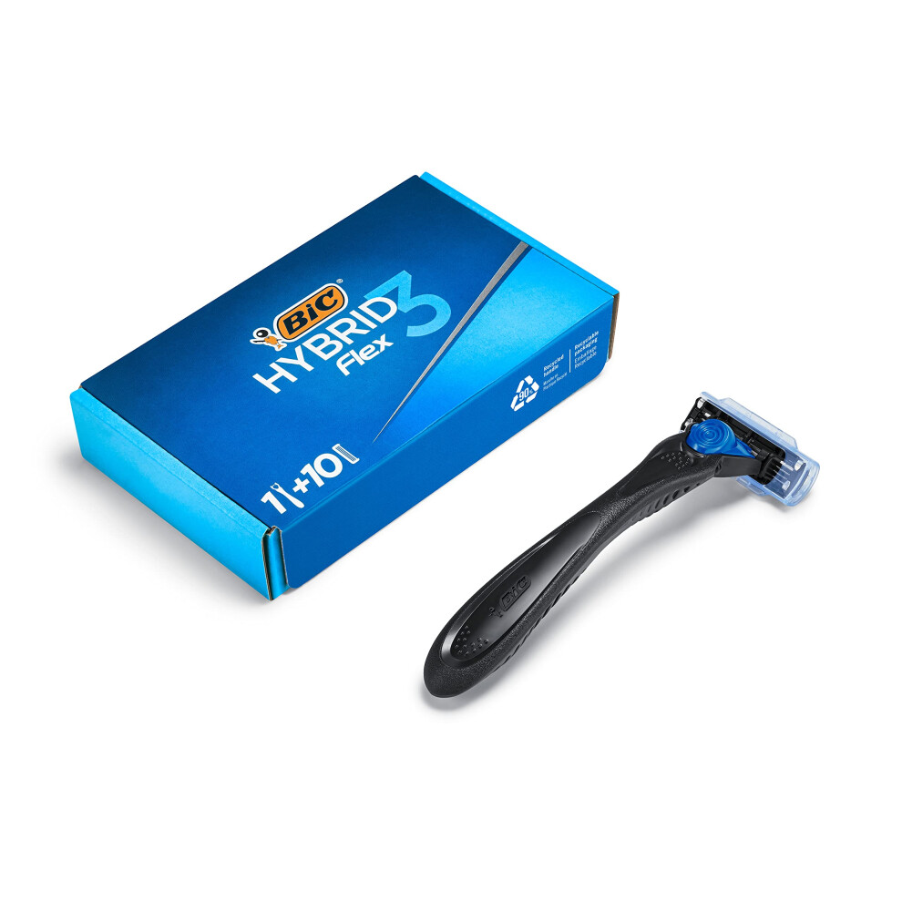 Hybrid 3 Flex Refillable Men's Razor, 90% Recycled Plastic Handle and 10 Triple-Blade Refills with Lubricating Strip - Bundle of 1+10