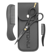 STONLI 5" Beard and Moustache Scissors with Comb & Pouch - Small Hairdressing Scissors - Nose, Ear & Eyebrows Hair Scissors (Black)