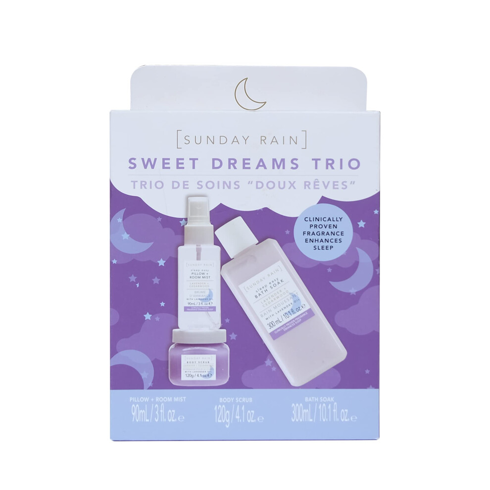 Sunday Rain Lavender Sweet Dreams Trio, Vegan And Cruelty Free Pamper Gift Set With Bath Soak, Body Scrub And Sleep Spray, Calming Scent, 3 Piece