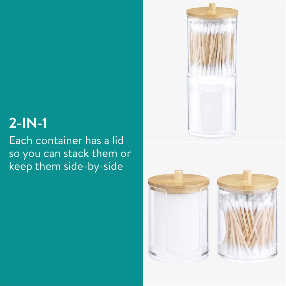 cotton-bud-and-pad-holder-set--4-pieces----includes-3-cotton-bud-holders-and-1-cotton-pad-container---stackable-clear-plastic-jars-with-bamboo-lids