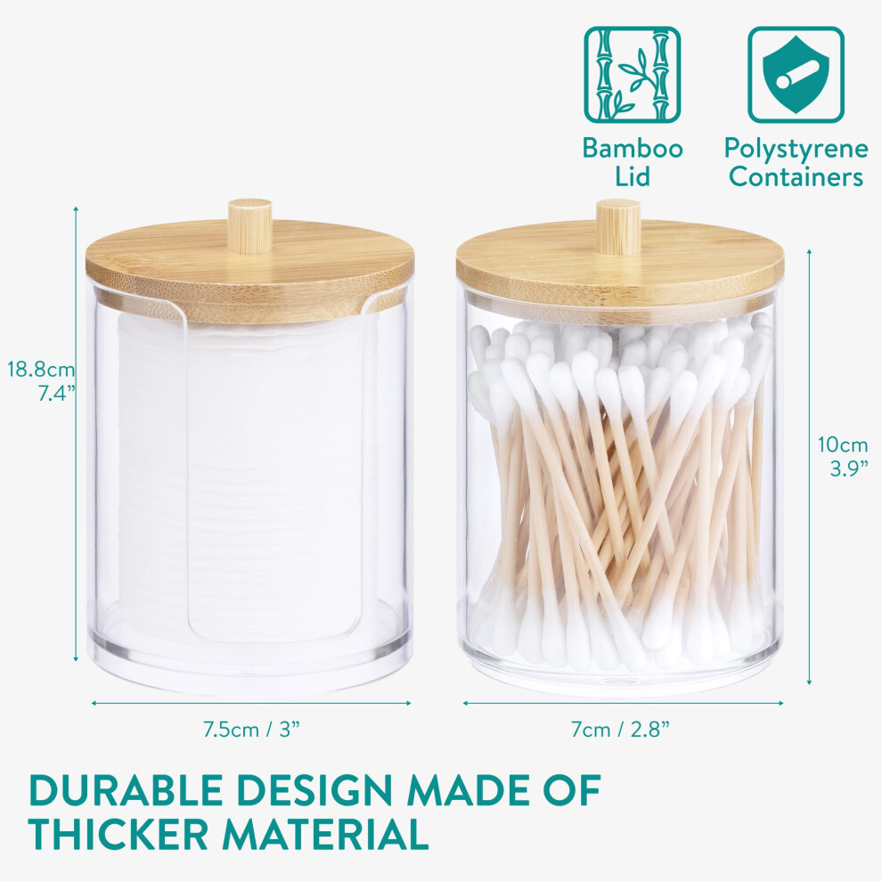 cotton-bud-and-pad-holder-set--4-pieces----includes-3-cotton-bud-holders-and-1-cotton-pad-container---stackable-clear-plastic-jars-with-bamboo-lids