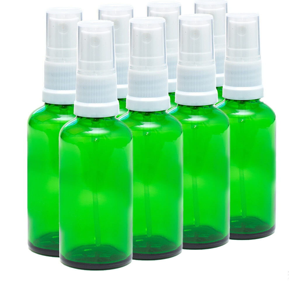 50ml Green Glass Bottles with White ATOMISER Sprays - Pack of 8-image-OPC-PF2XN7V-NEW