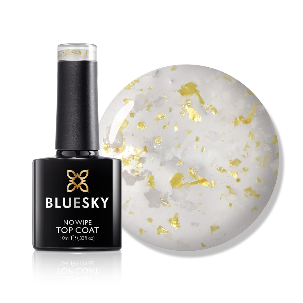 Gel Nail Polish, No Wipe Flower Top Coat, Clear with Gold and White flakes, Glossy Finish, 10ml (Requires curing under UV/LED Lamp)