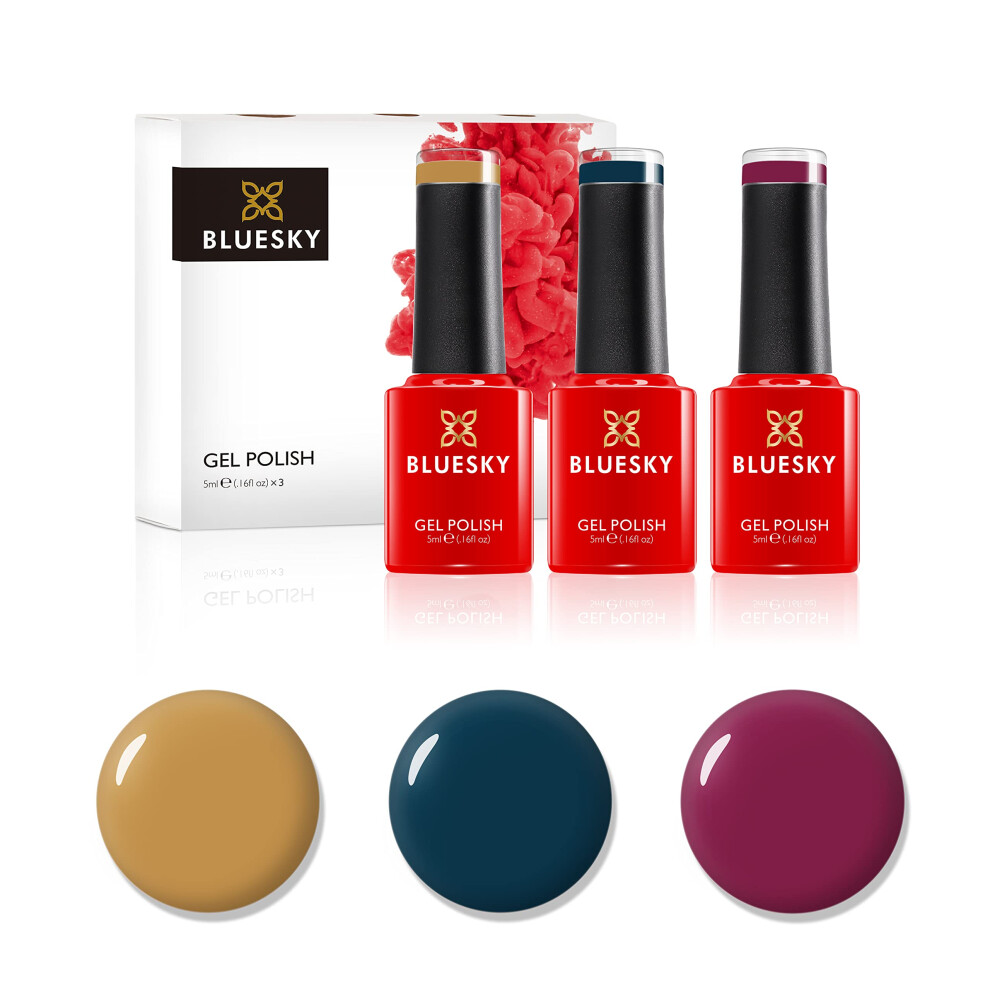 Gel Nail Polish Set, Warm Me Up, FW01 - Vienna, WR01 - Chai Tea, A057 - Winter Sky, Mustard, Yellow, Blue, Ocean, Dark Red (Requires Curing Under UV