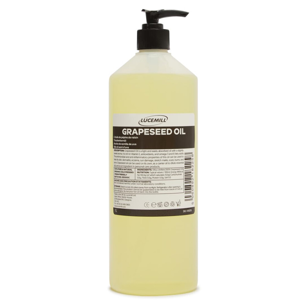 Lucemill 1 Litre (1000Ml) Grapeseed Oil, 100% Pure, Cold Pressed & Unrefined Carrier Massage Aromatherapy Oil