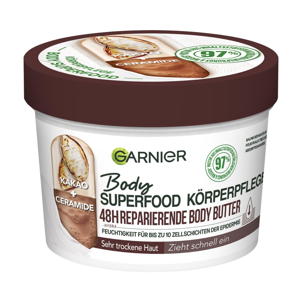 Repairing Body Care for Dry Skin, Body Butter with Cocoa Butter and Ceramides, for up to 48 Hours of Moisture, Body Superfood, 1 x 380 ml