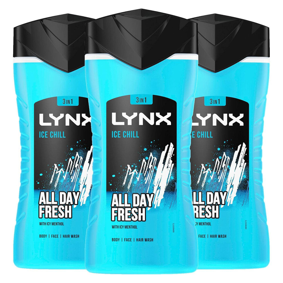 3 Pack of 225ml Lynx 3-in-1 Ice Chill All Day Fresh with Icy Menthol Body wash Wash, 225ml with Plant-based Moisturisers Dermatologically Tested, Keep