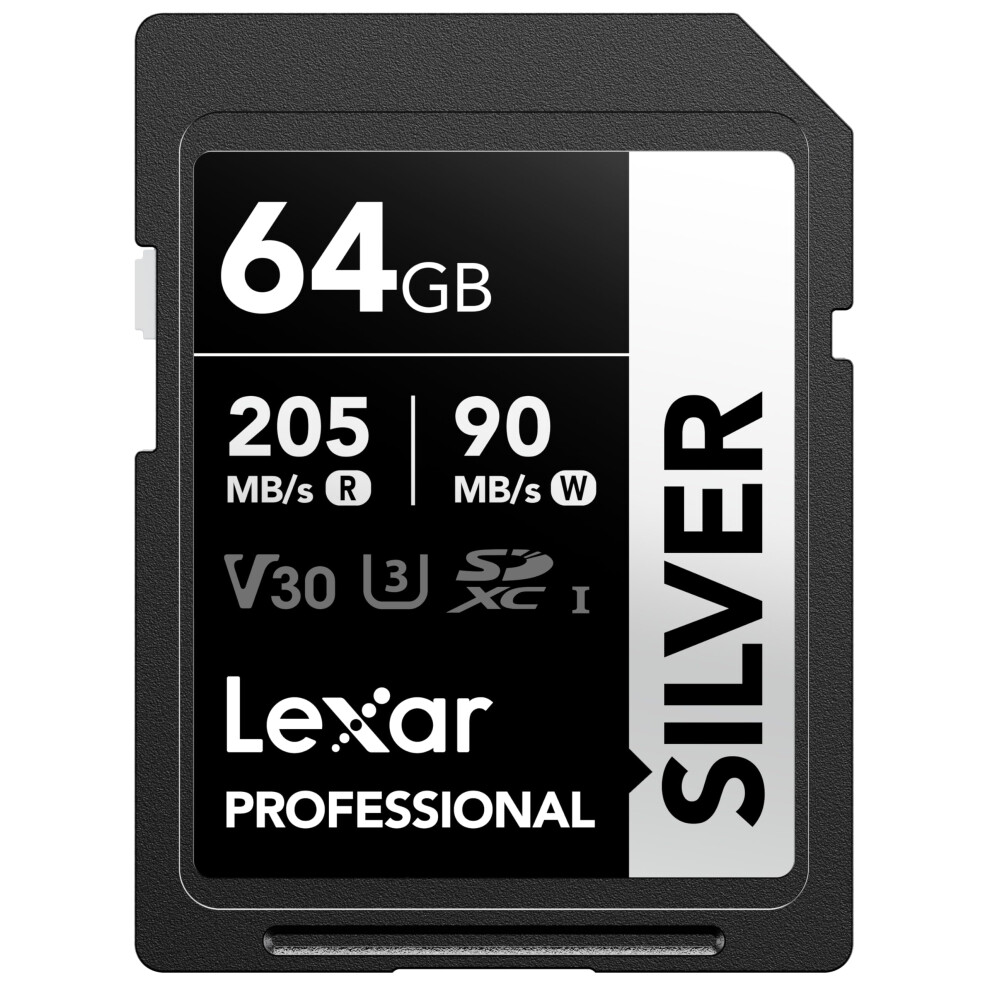 64GB SD Card SILVER, Up to 205MB/s Read, 90MB/s Write, SDXC UHS-I Memory Card, Class 10, U3, V30, SD Card for Professional Photographers,