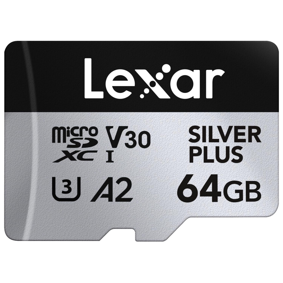 Silver Plus 64GB Micro SD Card up to 205 MB/s, MicroSDXC UHS-I Flash Memory Card with Adapter, C10, U3, A2, V30, Full HD, 4K UHD, High Speed TF Card