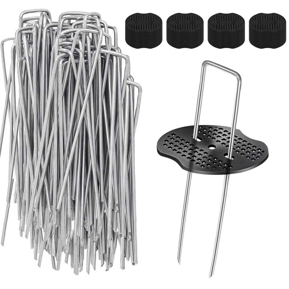 Weed Membrane Pegs, 50 Pack Metal 6"/150mm Weed Control Membrane Pegs+50 Pack Buffer Washer Heavy Duty Ground Pegs Weed Fabric Pegs Artificial Grass