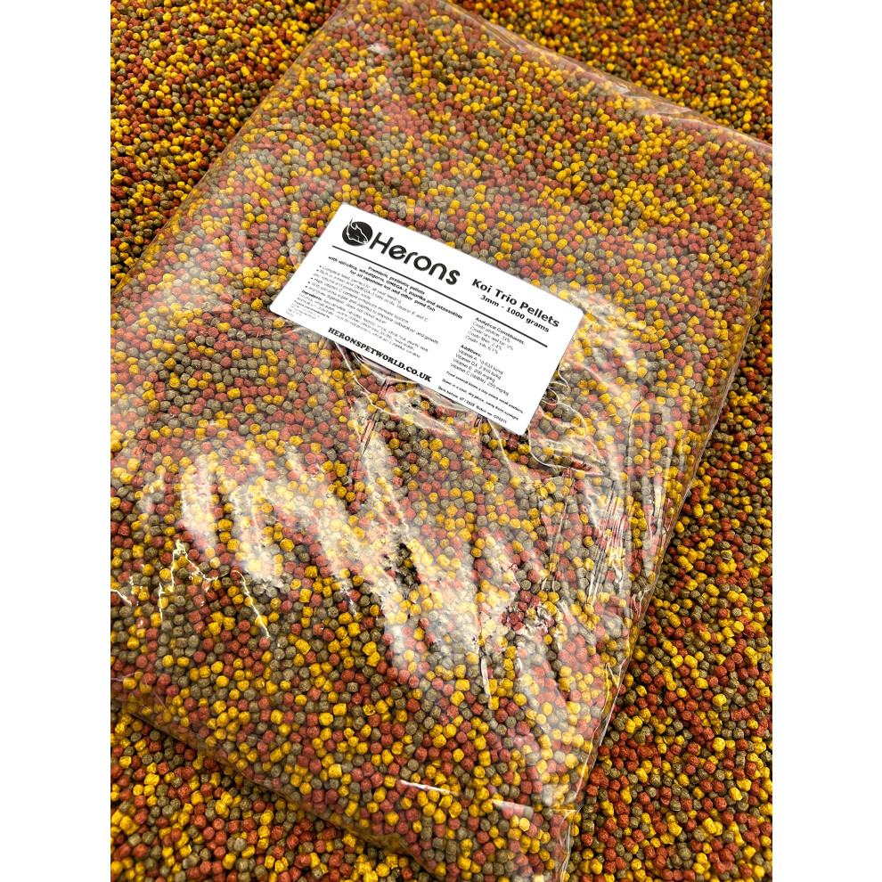 Herons - Koi Trio Pellets, 3Mm Premium Koi Fish Food, For Japanese Koi And Other Pond Fish, Prebiotic Pellets With Spirulina, Omega 3 Amino Acids, Colour And